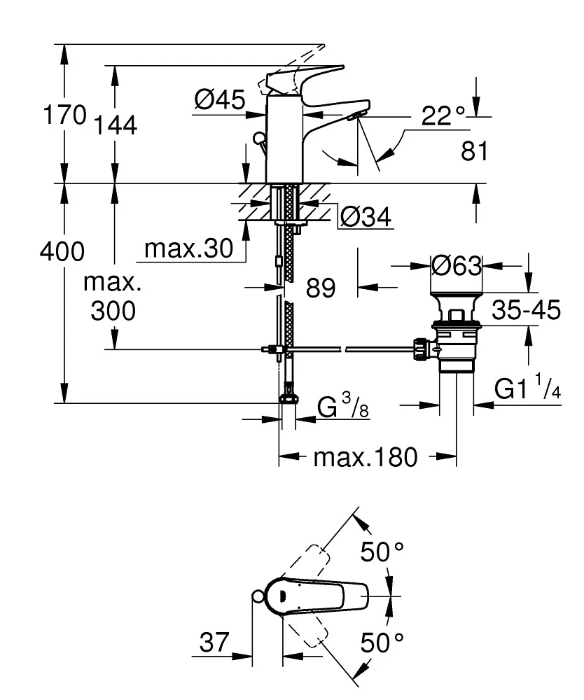 Baterija Grohe Bauflow Za Umivalnik S Size 23751000